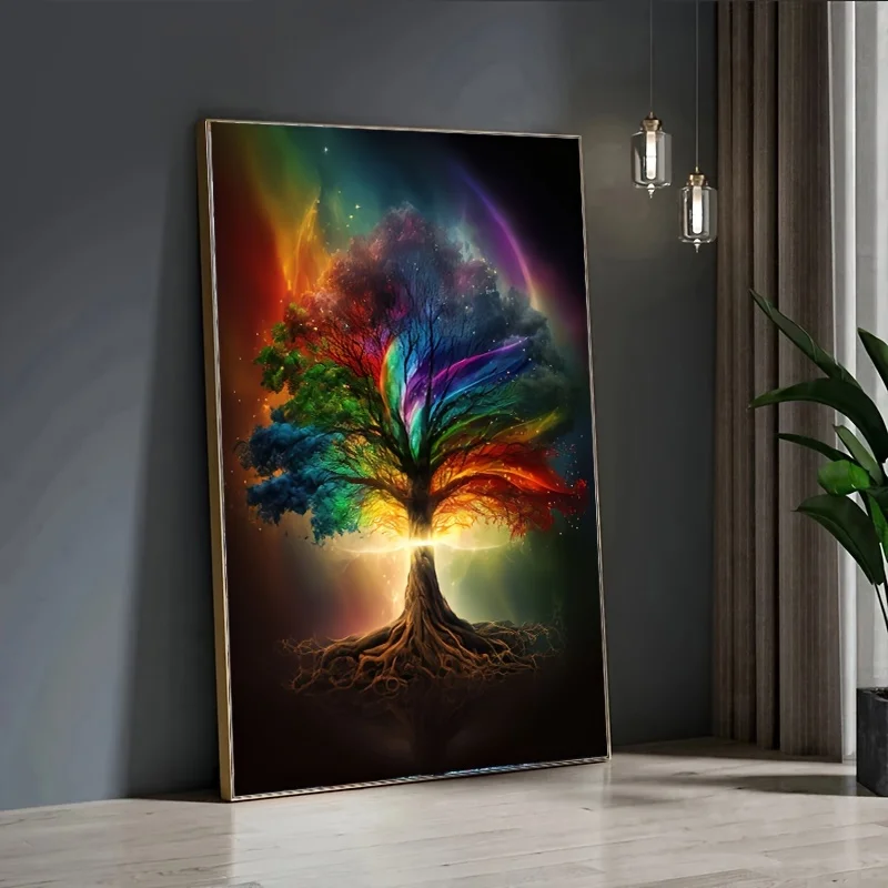 Abstract Mystical Tree Poster Prints Colorful Fluorescent Happy Tree Canvas Painting Wall Art Picture for Living Room Home Decor