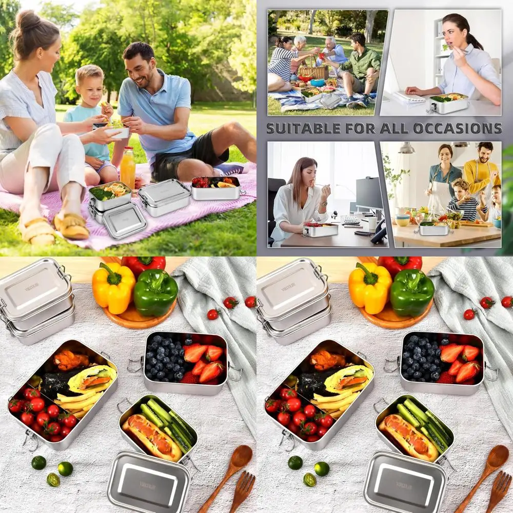 

Stainless Steel Bento Boxes Set of 4, 2400ml Capacity, Ideal for Food Containers, Lunch Boxes, Suitable for Home, Work, and Camp