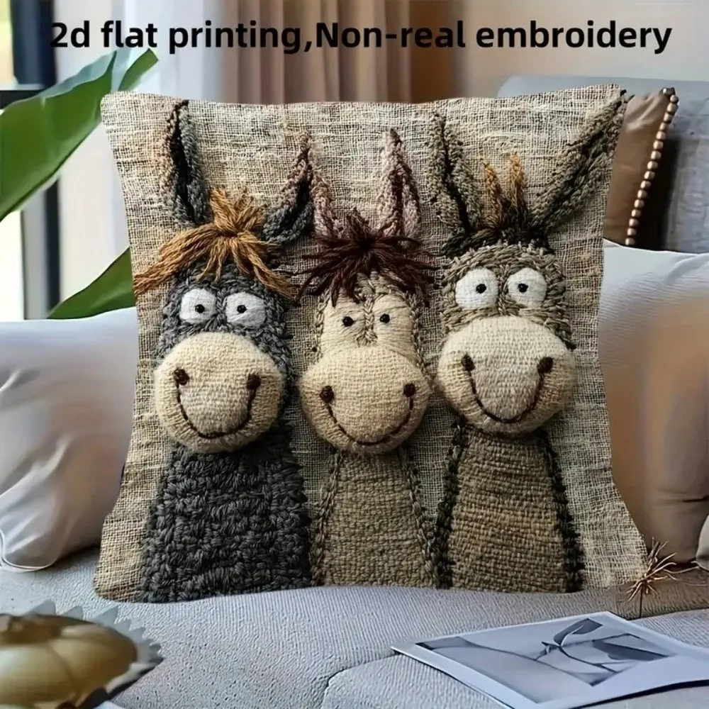 

45cm Throw Pillow Covers Cartoon Donkey Material Pillow Case Non-Real Embroidery 2D Print Cushion Cover Home Decorative