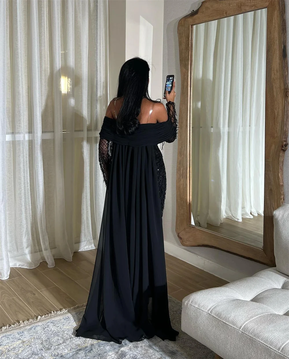 

Customized Exquisite Black Chiffon Evening Dress High Quality Off the Shoulder Homecoming Dress Soft Special Occasion Gowns