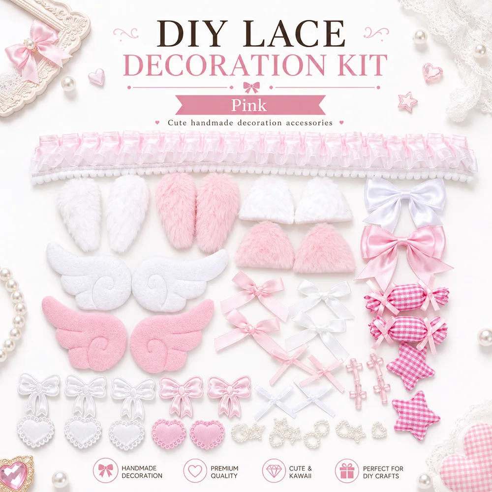 Süßes Mädchenhaftes DIY-Deko-Set: Spitzenband-Schleife, Engelsflügel, Hasenohren, Taschenzubehör, Lolita-Anime-Kartenanhänger, Handgemachte Dekoration