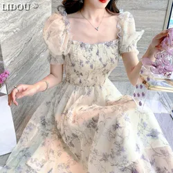 2022 Summer French Vintage Floral Chiffon Dress Square Collar Puff Sleeves A-line Dress Korean Elegant Fashion Dress for Women