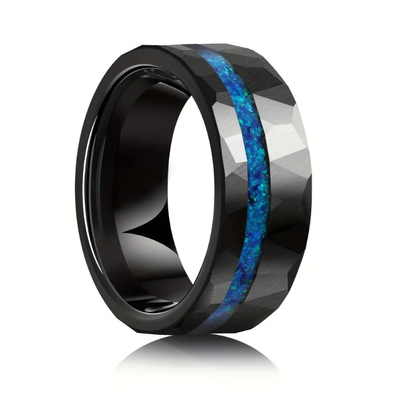 Fashion Wedding Ring Electric Black 8mm Hammered Tungsten Ring with Blue Auburn Men\'s Business Accessories Ring Jewelry