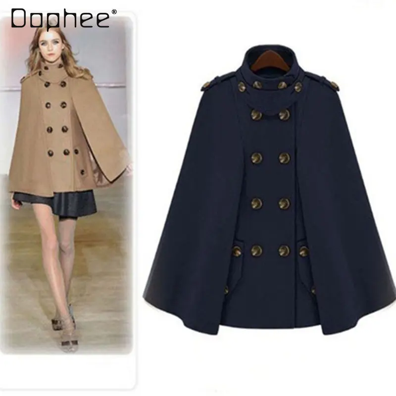 

2023 Autumn and Winter Cape-Style Tweed Jacket Female Streetwear European American Style Double-Breasted Woolen Coat for Women