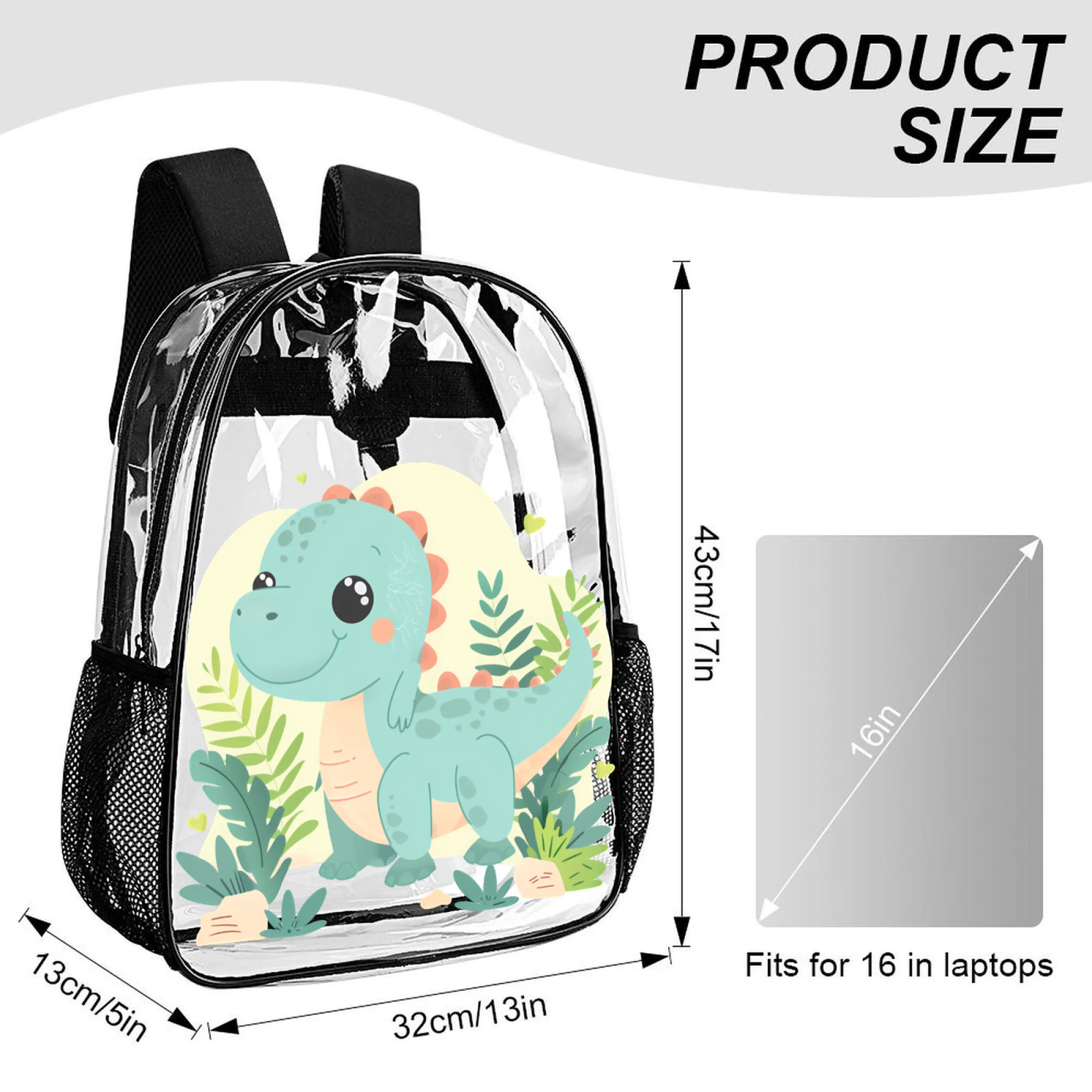 17 Inch PVC See Through Backpack with Blue Dinosaur Plants Print,  Bag Fits 16" Laptop, Side Mesh-Fun Backpack Gift