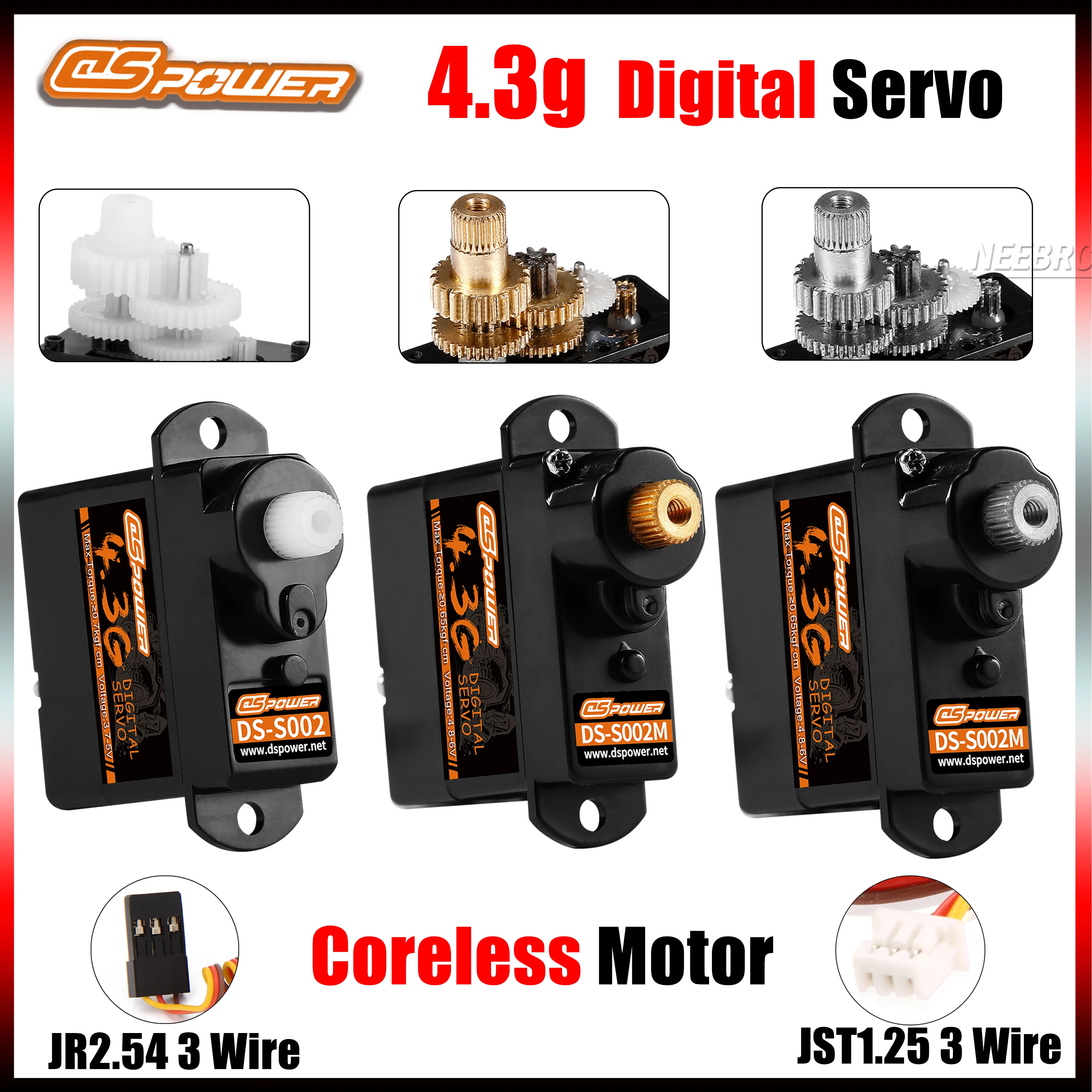 DSPOWER 4.3G 코어리스 모터 플라스틱/금속/알루미늄 기어 마이크로 디지털 JST1.25/JR2.54 RC 1/24 자동차 비행기 고정익 드론용