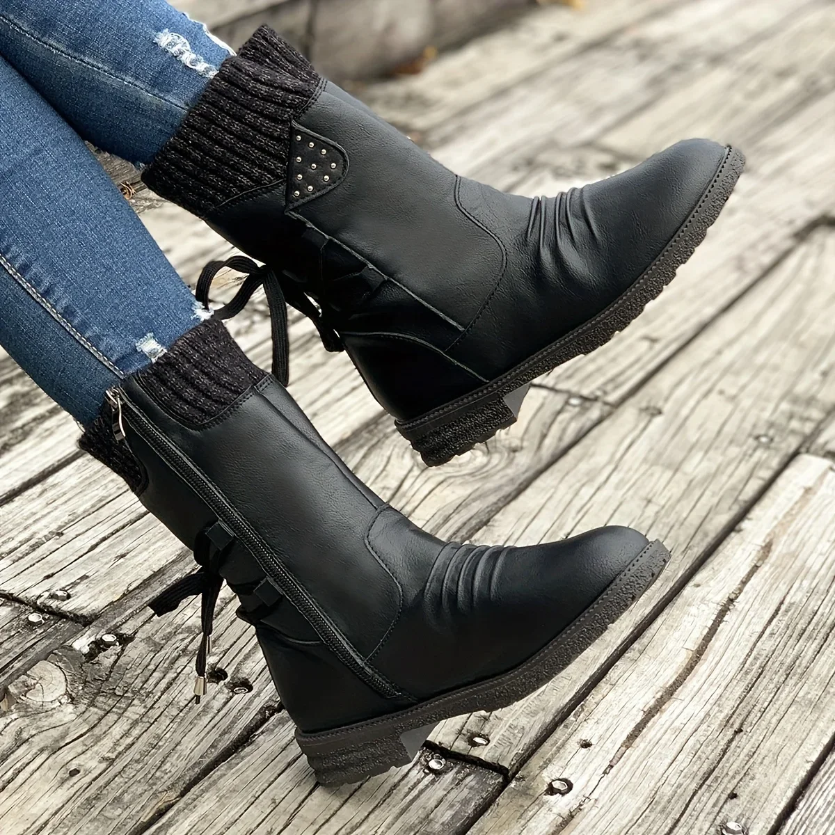 

Stylish Women's Knitted and Faux Leather Boots with Tie Back and Side Zip - Comfortable and Fashionable Footwear