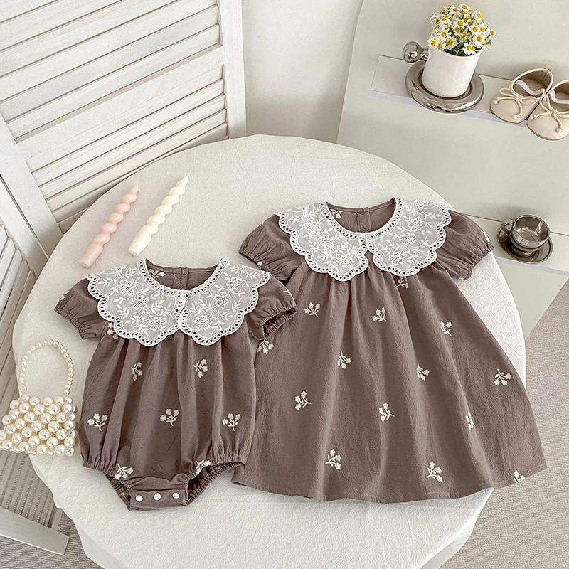 ملابس الطفل الصيف ملابس لحديثي الولادة الأزهار رومبير الفتيات المطرزة حللا من القطن قصيرة الأكمام Sunsuits 0-2Y ثوب فضفاض للأطفال الرضع