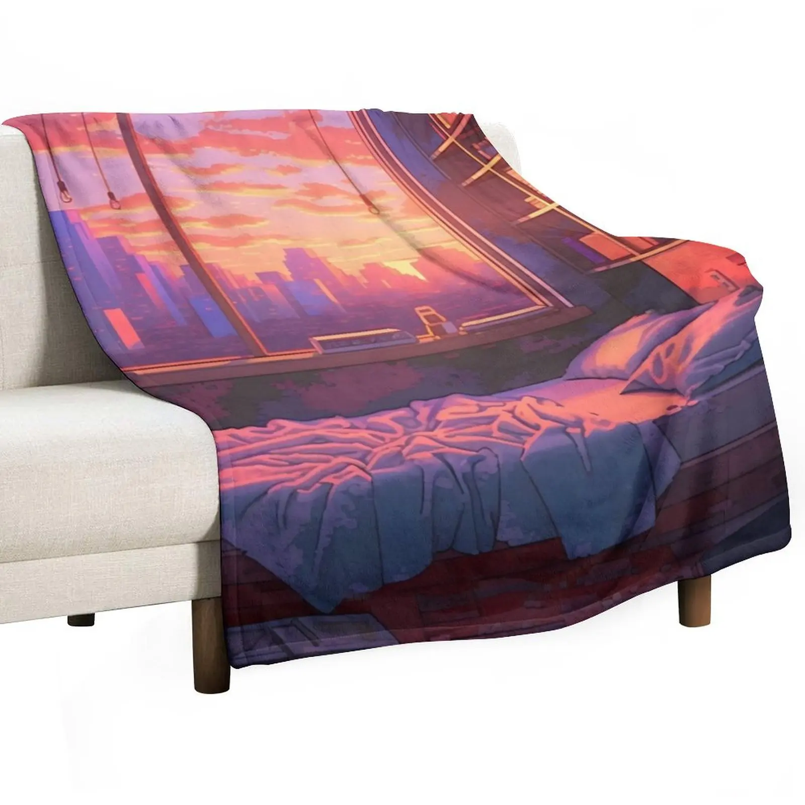 

Lofi Aesthetic - A messy bedroom at sunset Throw Blanket christmas gifts Warm anime Custom Blankets
