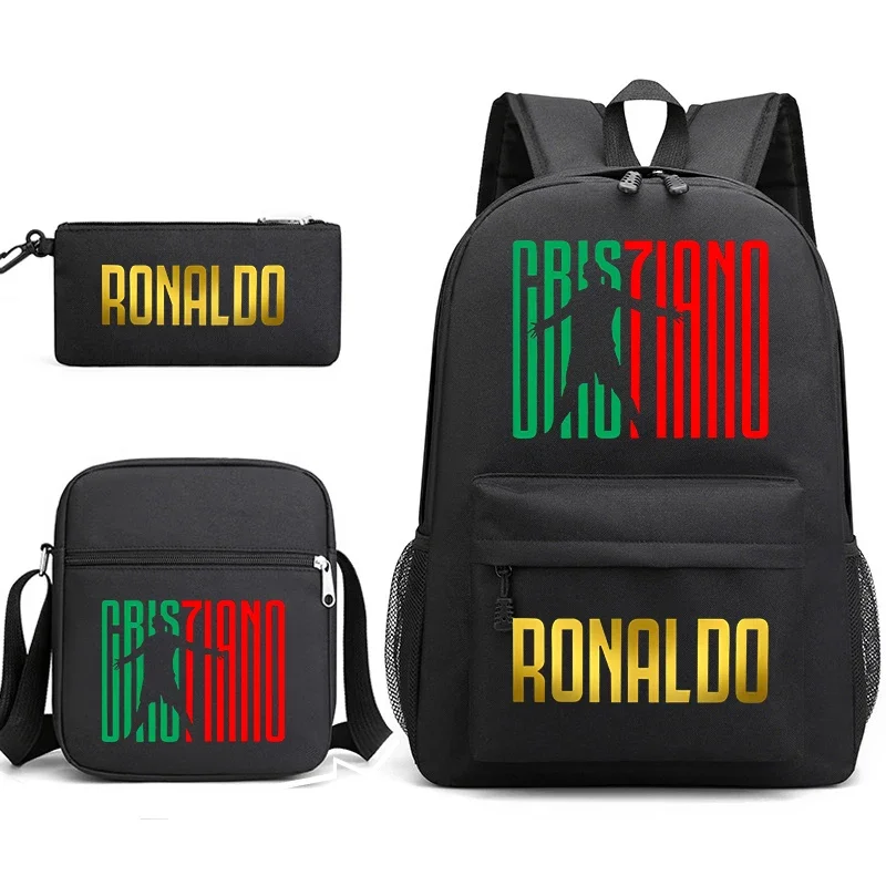 Conjunto de mochila con estampado de Ronaldo, bolso escolar para estudiantes del Campus, bolso de hombro, bolso de lápiz, Estilo negro, Juego de 3