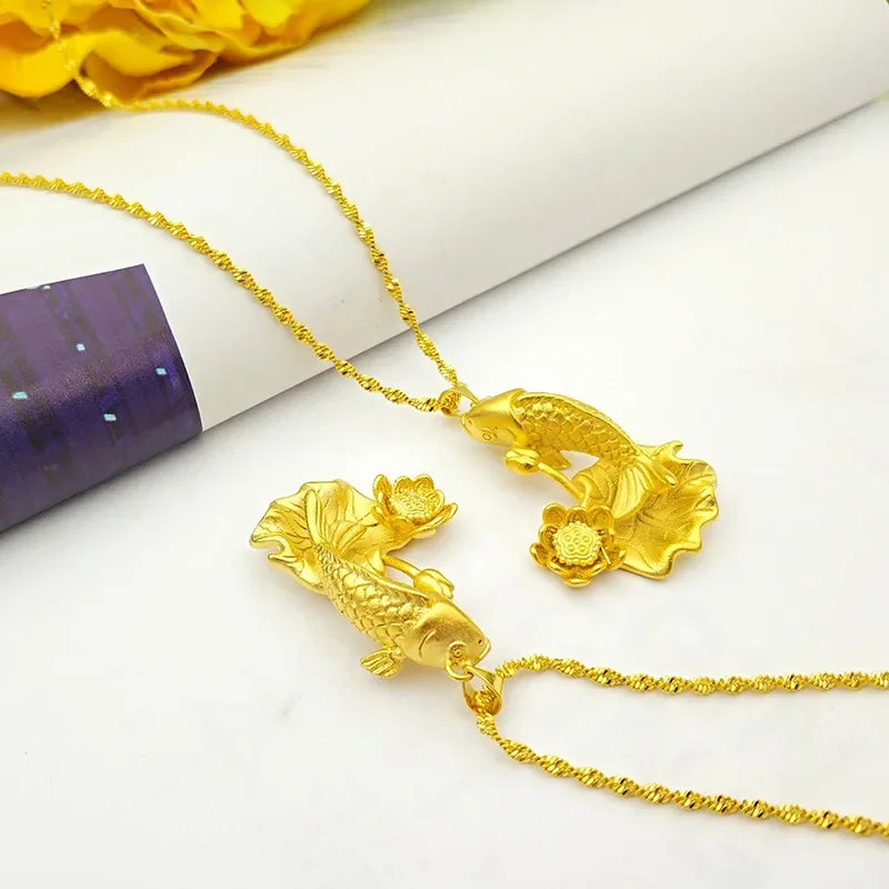 

9999 Real Gold 24K Women's Necklace Wedding Retro Fashion Lotus Rich Fish Necklace Gold Necklace Pendant