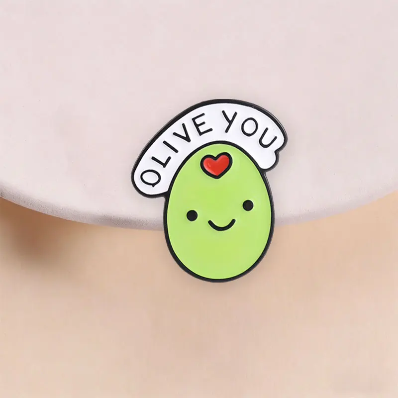 Olive You Love Confession Enamel Pin, Sweet Pun Brooch with Heart Motif for Valentine Gift and Couple Outfit Charm