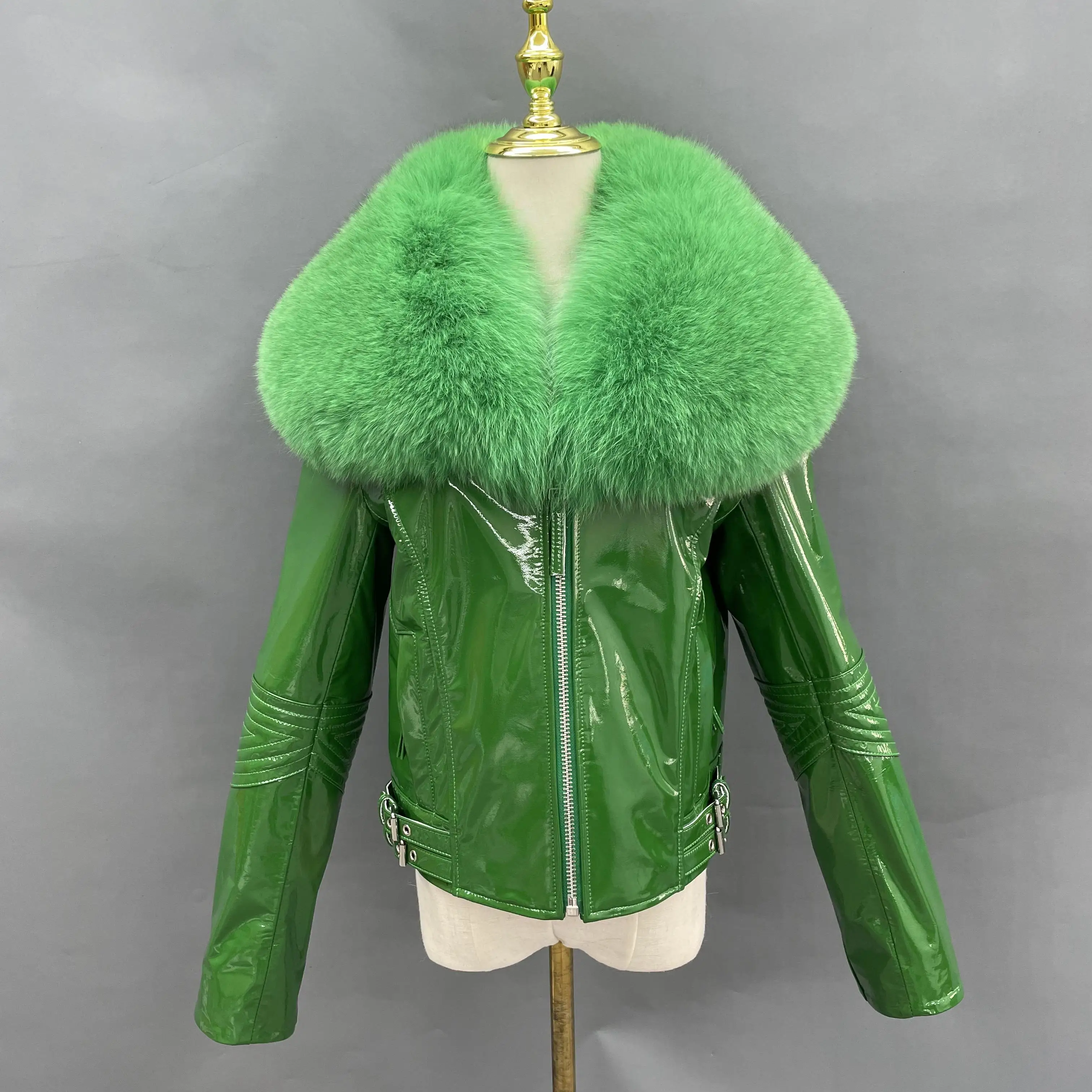 Janefur Company Fox Fur Collar Real Leather Jacket Women Shiny Patent Leather Coat