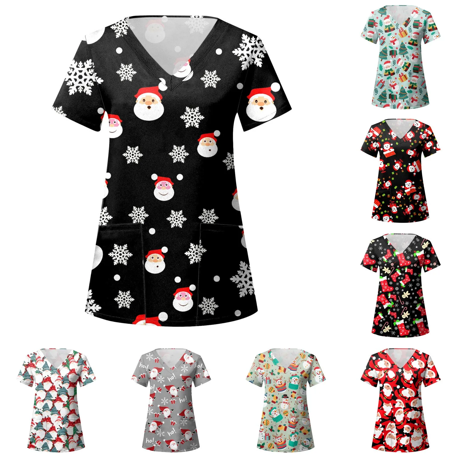 Uniforme de enfermera de Navidad para mujer, Top con estampado de Papá Noel, camisas de manga corta con bolsillos, ropa de trabajo para el cuidado de la salud