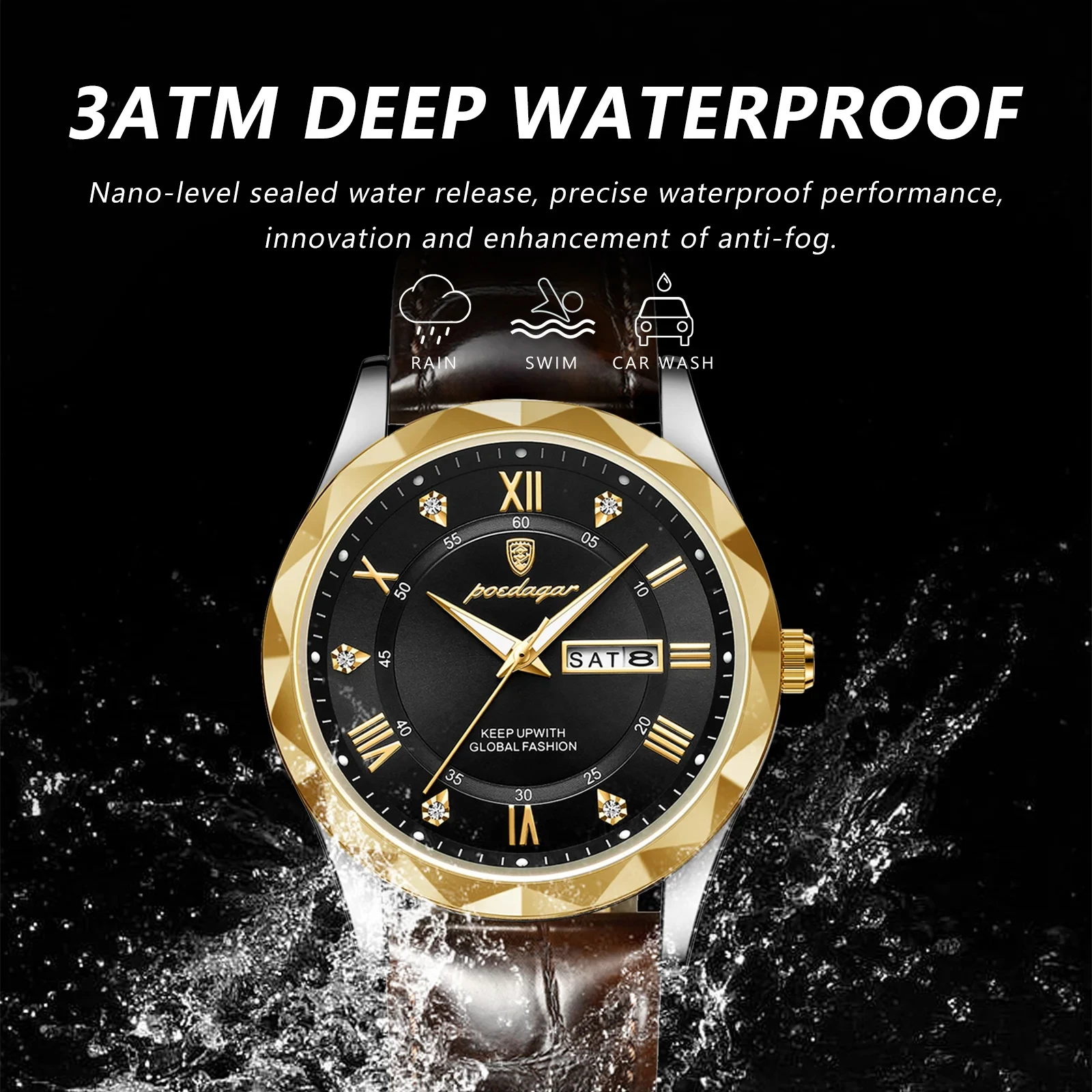 POEDAGAR New Men Watch Fashion High Quality Leather Watches Waterproof Luminous Week Date Top Brand Luxury Quartz Man Wristwatch