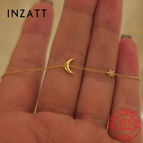 INZATT Real 925 Sterling Silver Zircon Moon Star Charm Bracelet For Women 14K Gold Classic Fine Jewelry MInimalist Bijoux Summer