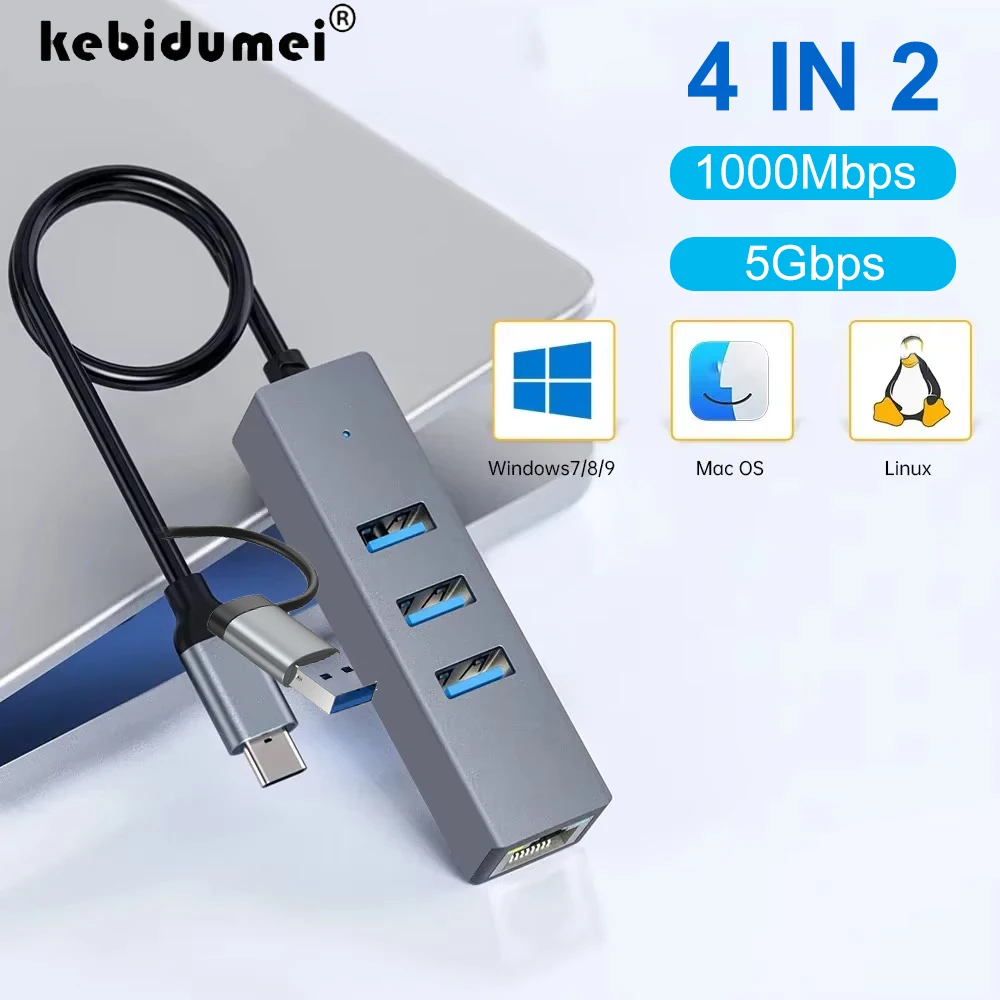 

USB 3.0 HUB 1000 Мбит/с 3 порта USB 3.0 Type C HUB USB-RJ45 Gigabit Ethernet-адаптер Сетевая карта для портативного компьютера MacBook