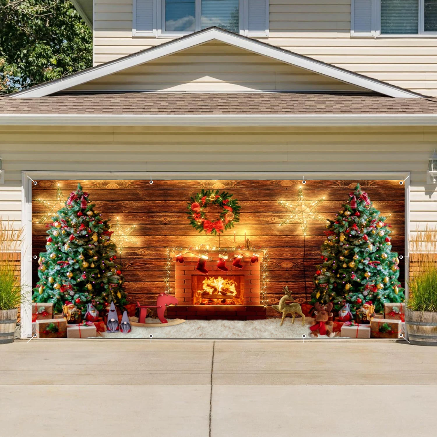 クリスマスガレージドア装飾冬の暖炉クリスマスツリーレンガ壁ガレージドアカバー壁パティオ庭外用