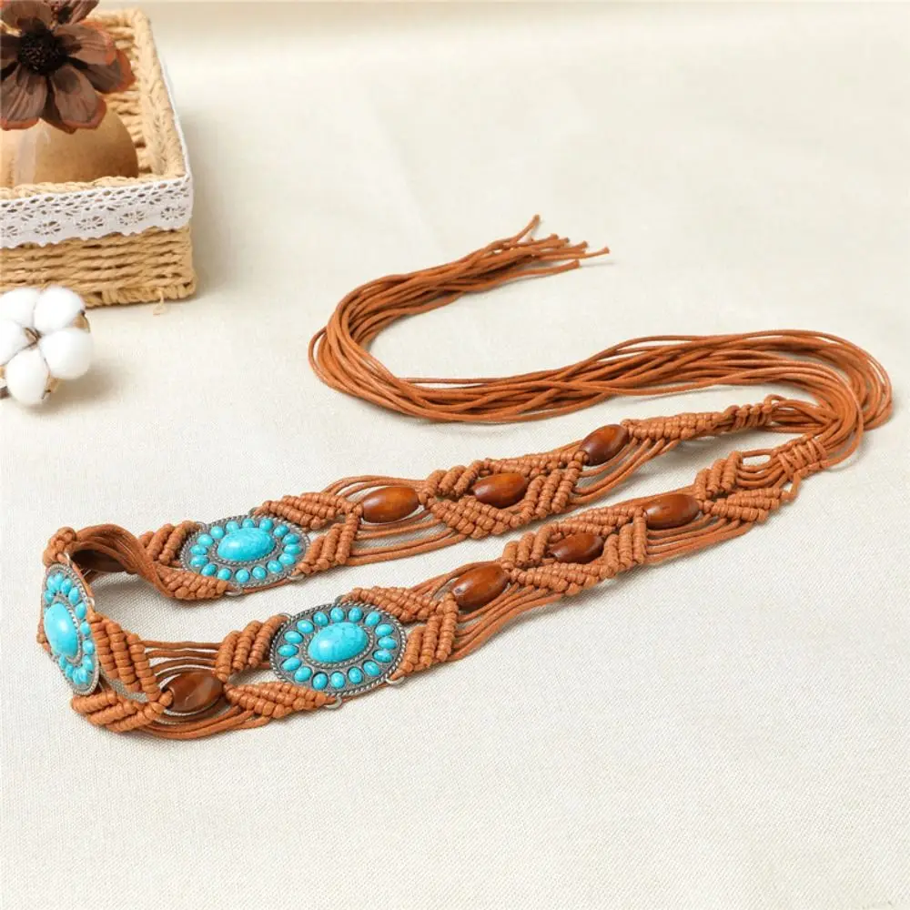 

Vintage Retro Turquoise Wide Belts Dress Accessories All-match Woven Belt Women Waist Chain Ethnic Style Belts Bohemian