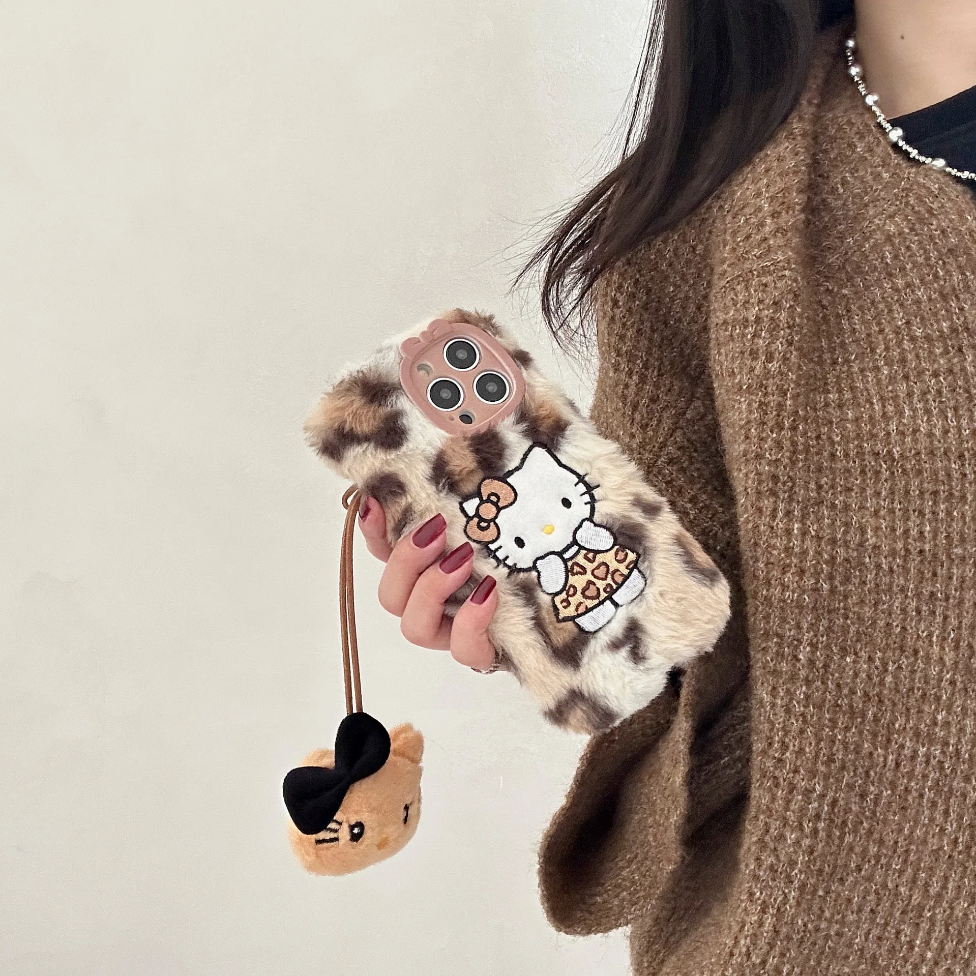 Kawaii Hello Kittys Plush Leopard Print Mobile Phone Case for Iphone 16 15 14 13 12 Pro Max Y2K Anime Warm Protective Shell Gift