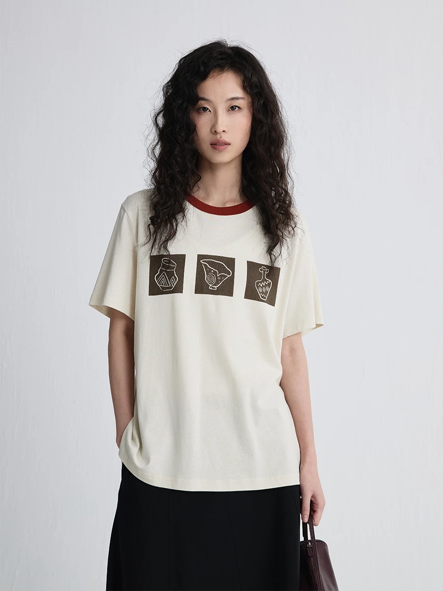 

Футболка CAREMIND с ретро-принтом, женская повседневная футболка с круглым вырезом, цветной блок, смесь хлопка, летний топ