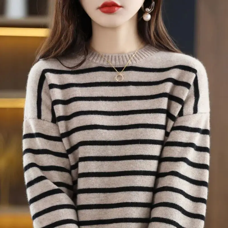 

Fashion O-Neck Knitted Spliced All-match Striped Sweater Women's Clothing 2023 Spring New Casual Pullovers Loose Korean Tops