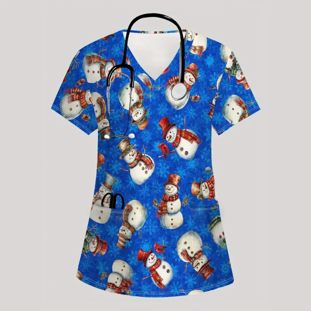 ชุดยูนิฟอร์มพยาบาลลายการ์ตูนคริสต์มาสสำหรับผู้หญิง แฟชั่นคอวี แขนสั้น สวมใส่สบาย
