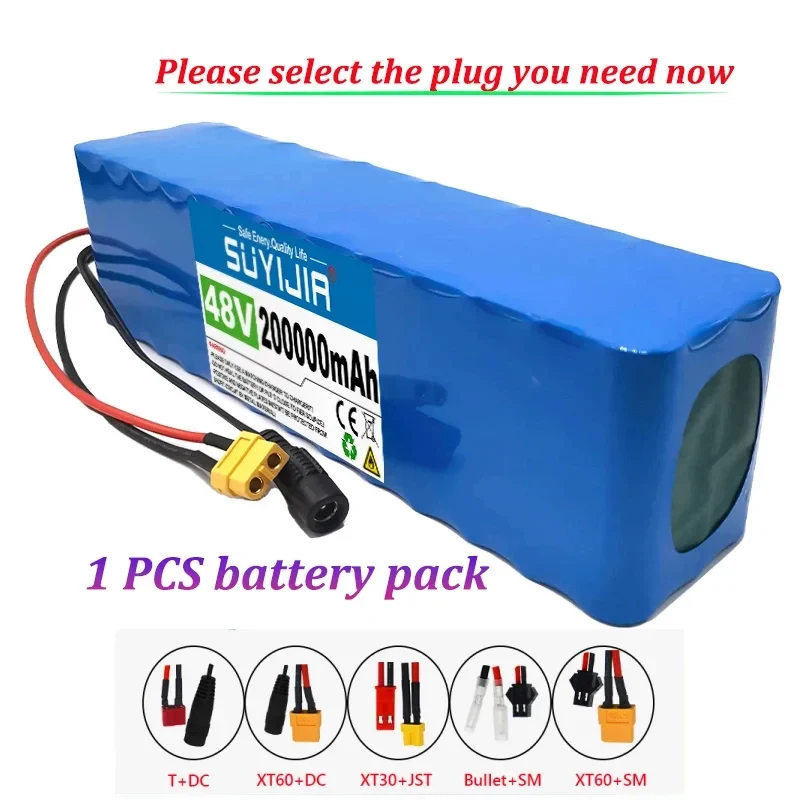 New 48V 200Ah 13S3P 18650 Rechargeable Lithium Ion Battery for Electric Bike Scooters Multiple Plugs with BMS+ 54.6v Charger