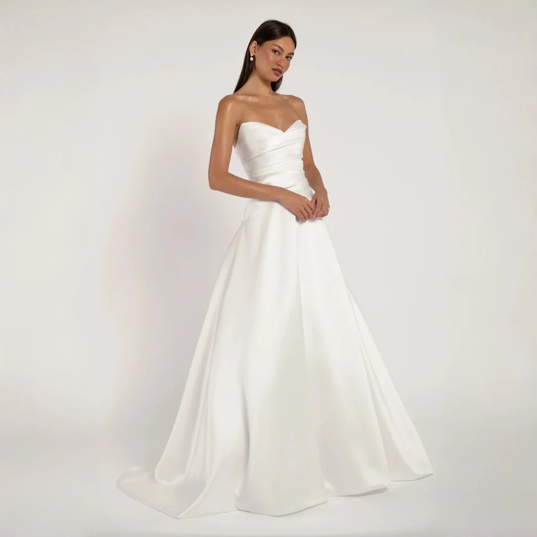 Wishah Customized 2026 A-Line Classic Simple Elegant Satin Wedding Dress Strapless Sleeveless Backless Floor Length Bridal Gown