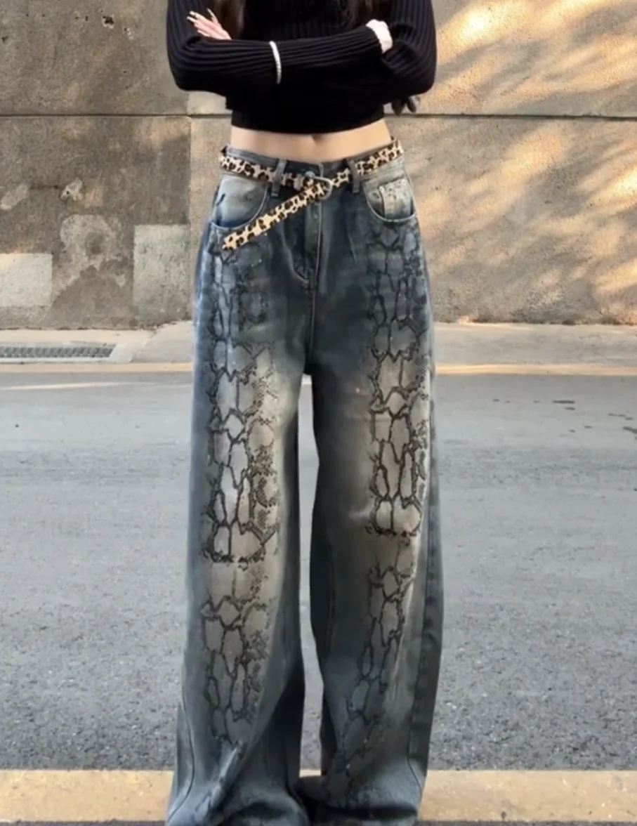 กางเกงยีนส์ปั๊มลาย Y2K สไตล์อเมริกันย้อนยุค ดีไซน์ฤดูใบไม้ผลิ เอวสูงทรงหลวมขาตรง