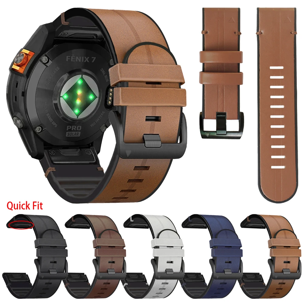 QuickFit 22mm 26mm Leather Watch Straps For Garmin Tactix 7 Pro Bravo/Delta Band For Garmin Quatix 7 7 Pro 6 5 3 Men Watchbands