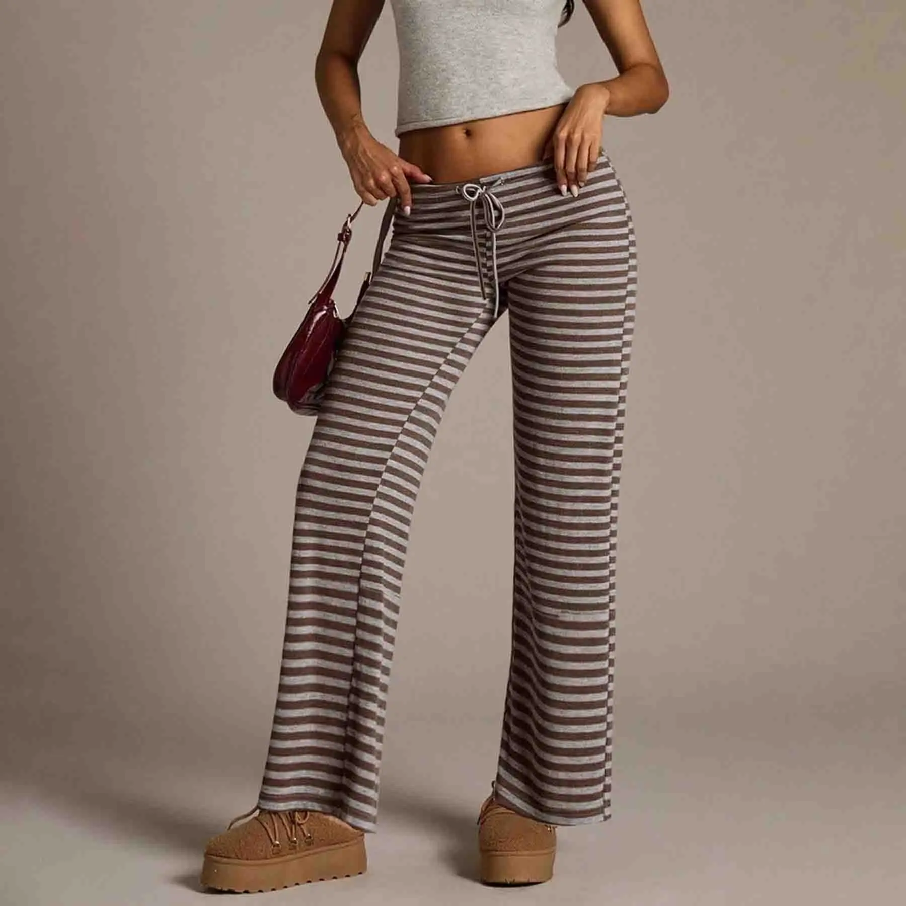 Striped Flared Pants for Women Regular Length Medium Elasticity Ideal for Beach Cycling Holiday and Daily Wear
