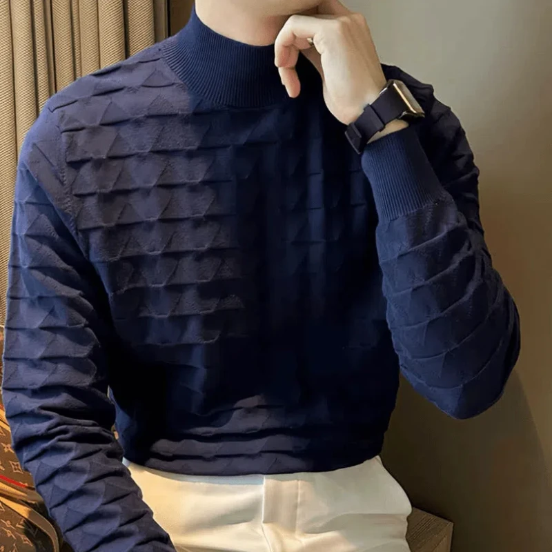 Fashion Luxury Autumn Winter Sweaters Men Solid Mock Neck Wave Cut England Business Casual Long Sleeve Pullovers Knitted Top