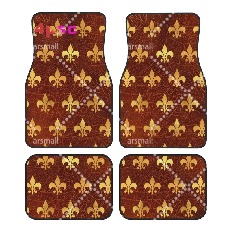 Fleur De Lis Car Floor Mats of 4 Pieces Crystal Velvet Carpets Rugs Lily Flower Universal Car Front Rear Carpets Foot Mats