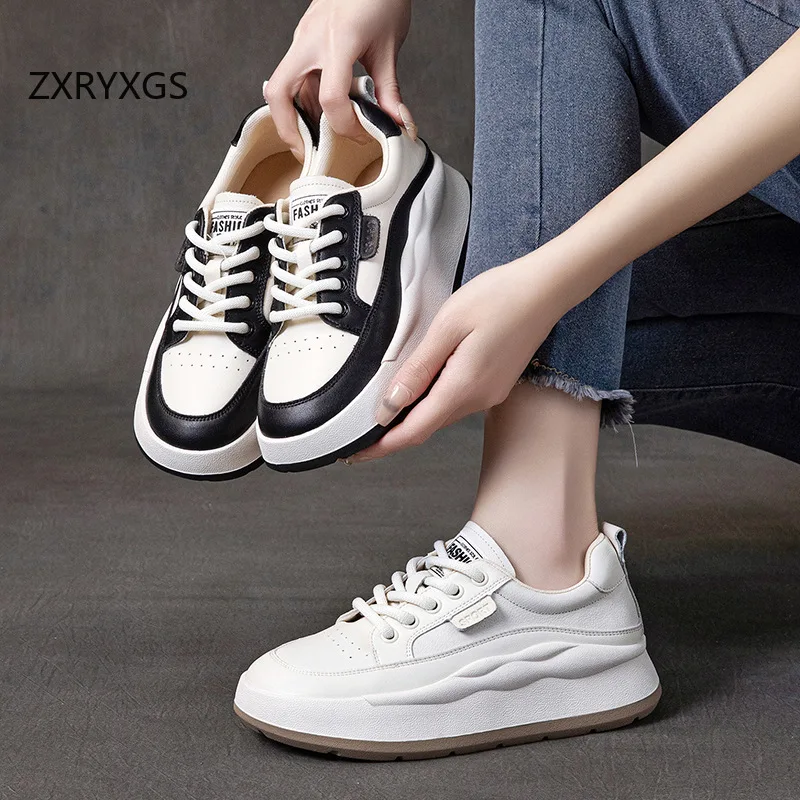 

ZXRYXGS 2026 Top Layer Cowhide Women Shoes Leisure Sneaker New Spring Real Leather Shoes Lace-up Thick Sole Increase Trend Shoes