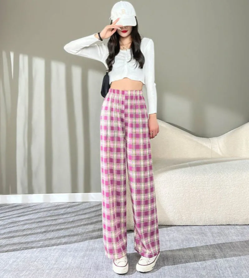 Summer Fashionable Suit For Women Black And White Light Green Pink Blue Long Ankle-Length Trousers With Plaid Wide Leg Pants