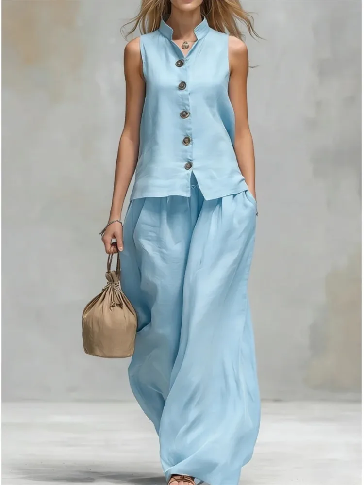 Fashion Stand-up Collar Sleeveless Single-breasted Top + Trousers 2-piece Set Women's Summer Pocket Loose Wide-leg Trousers Sui