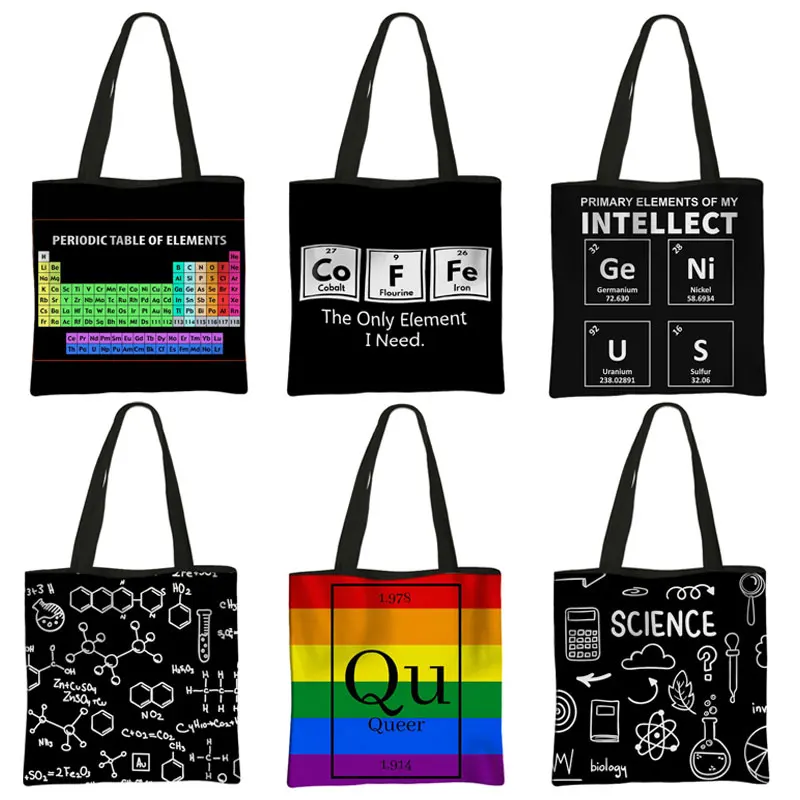 Periodic Table of Elements Print Tote Bags Coffee Letters Women Handbag Large Capacity Shoulder Bags Reusable Shopping Bag