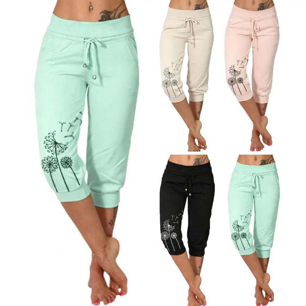 Dandelion estampa Drawstring cintura cortada calças harém feminino, calça esportiva com bolsos, verão