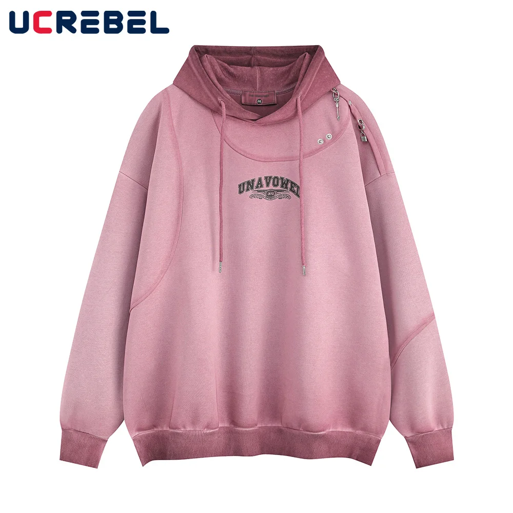 Letter Print Hooded Sweatshirts Men with Rivets Gradient Dyed Autumn Winter High Street Loose Embroidery Hoodies Men