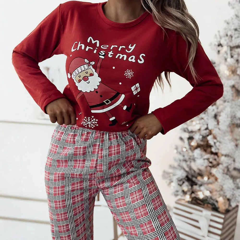 Women 2 Piece Merry Christmas Cartoon Santa Claus Plaid Print Crewneck Pullover Top High Waist Pants Pajama Set