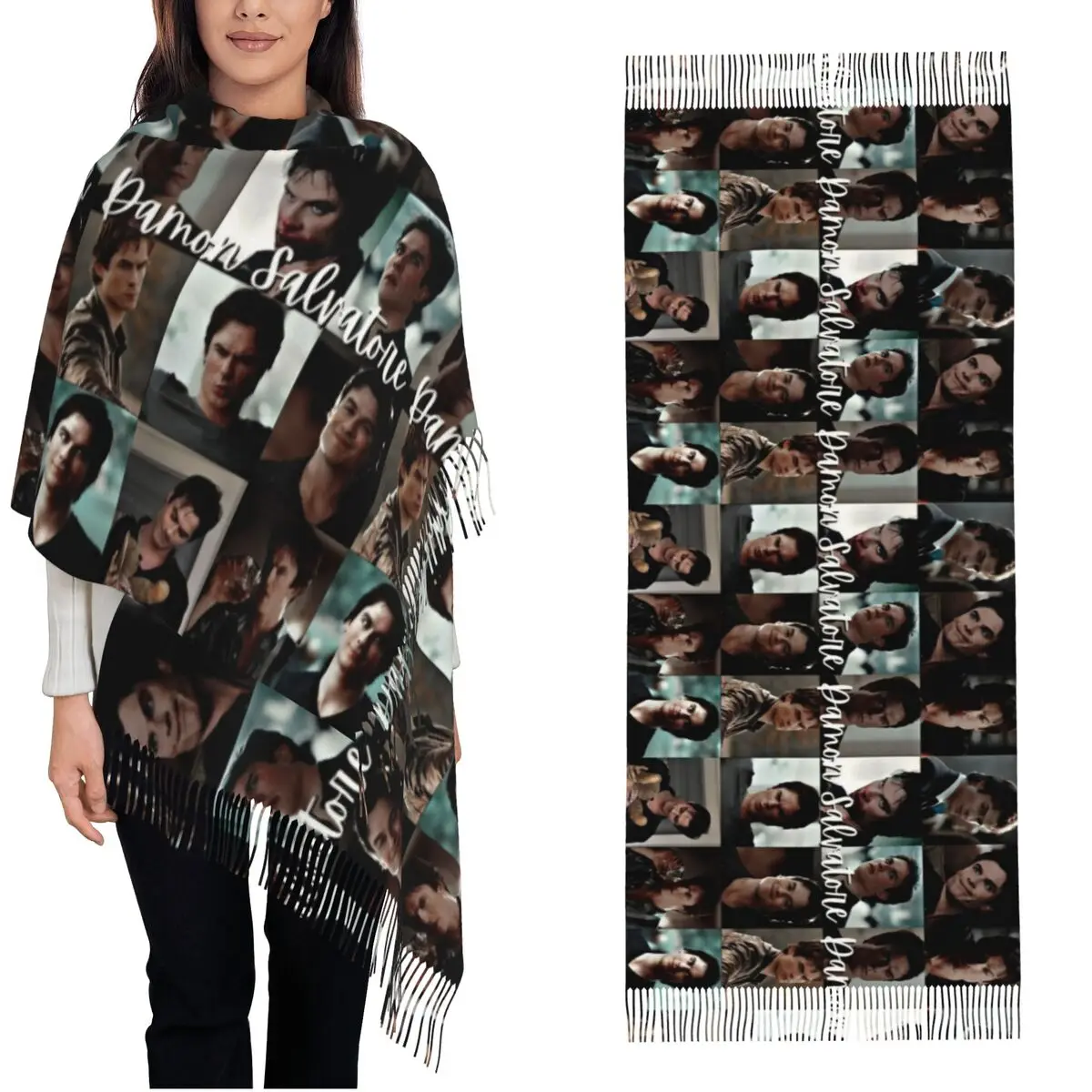 Womens Tassel Scarf The Vampire Diaries Damon Salvatore Long Soft Warm Shawl Wrap TV Series Gifts Pashmina Scarves