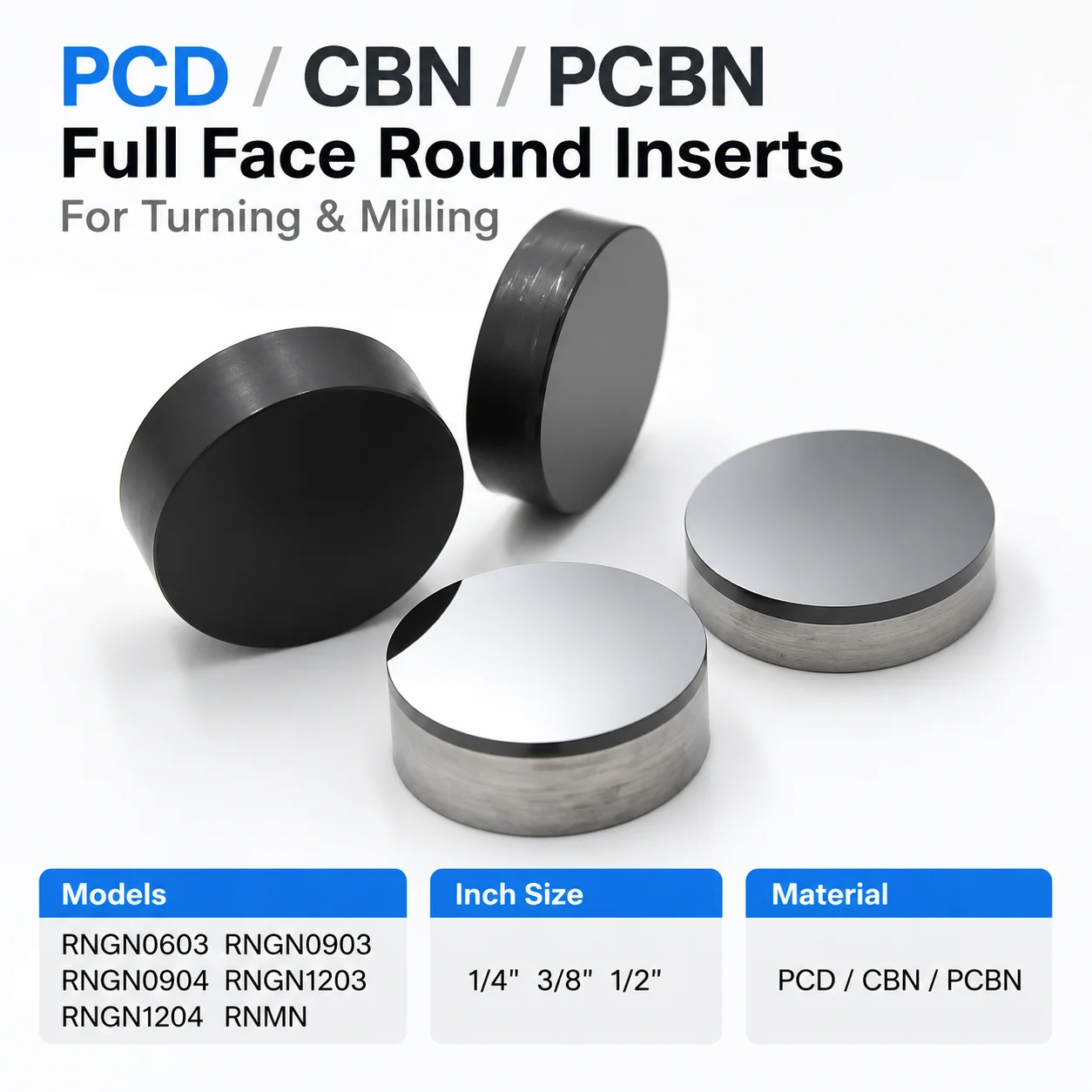 Full Face PCD CBN PCBN Round Inserts RNGN0603 RNGN0903 RNGN0904 RNGN1203 RNGN1204 RNMN Turning Tools 1/4 3/8 1/2 Inch