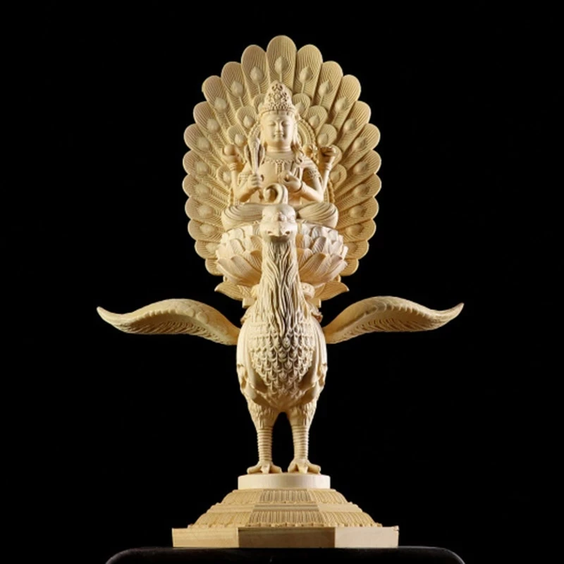 Mahamayuri Peacock Guanyin Wood Carving Buddha Statue Feng Shui Home Decor