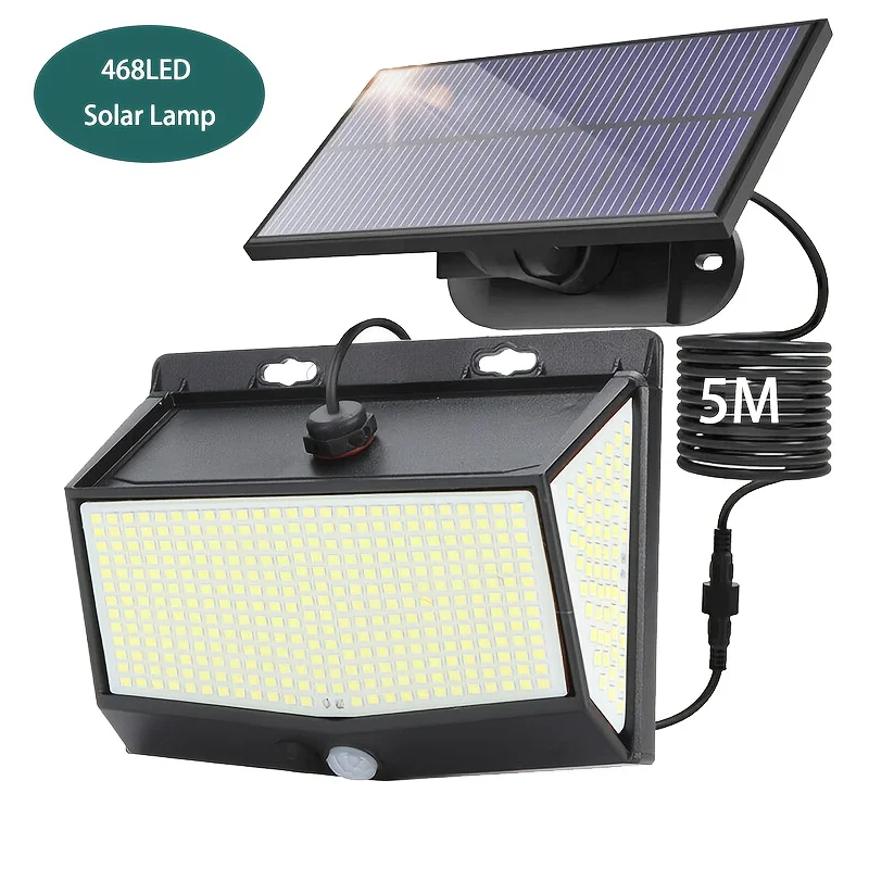 

Солнечный светильник с датчиком движения 468 LED, раздельная солнечная панель, 3 режима освещения, IP65 водонепроницаемый, уличный настенный светильник для гаража и патио