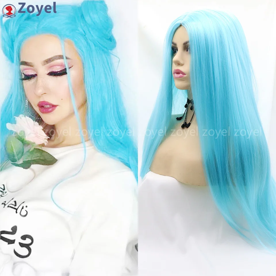 

Синтетические небесно-голубые парики спереди на шнуровке для женщин, длинные натуральные прямые парики из термостойкого волокна, парики для повседневного ношения для косплея