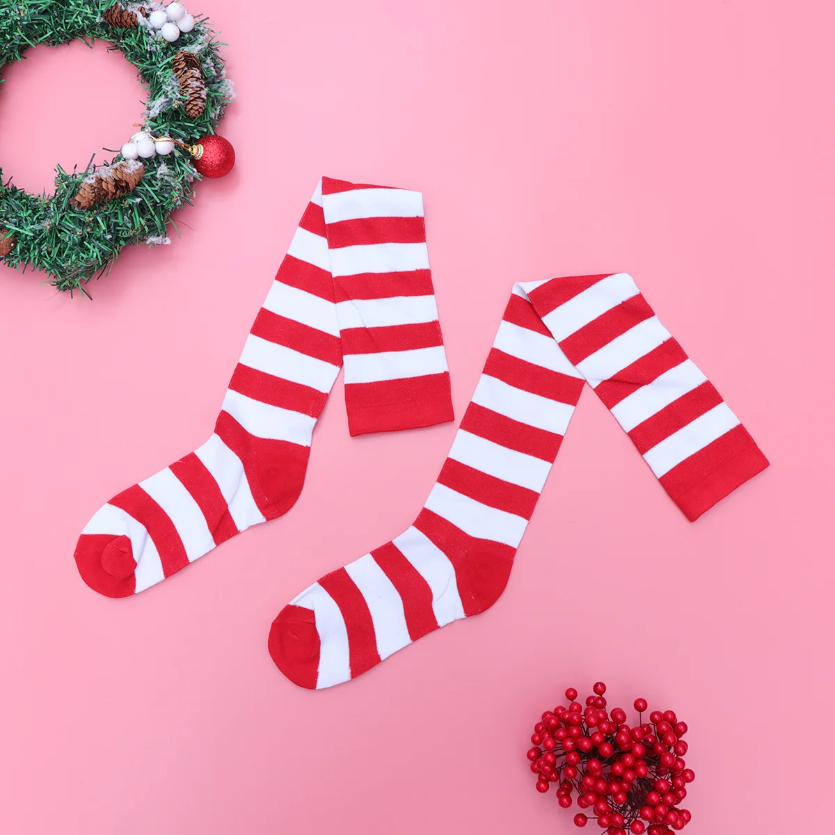 Chaussettes longues au-dessus du genou à rayures hautes pour Noël, bas rouges et blancs, fournitures de costume de fête, taille libre