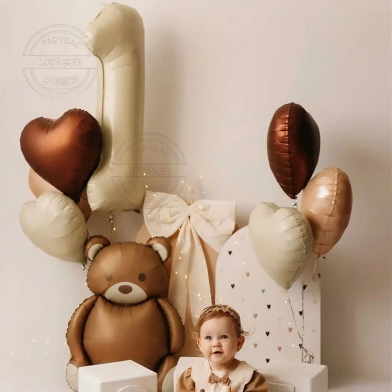 مجموعة مكونة من 8 قطع من مادة دب الكراميل غير اللامعة على شكل قلب شوكولاتة 40 بوصة كريم رقمي لعيد ميلاد الأطفال مجموعة بالونات من رقائق الألومنيوم