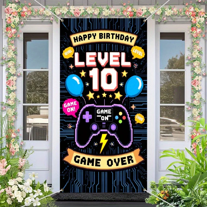 2D-Türbanner, 1 Stück, lebendiges Videospiel-Geburtstagsbanner mit Blumendekorationen – Design „Happy Birthday Level 10 Game“.