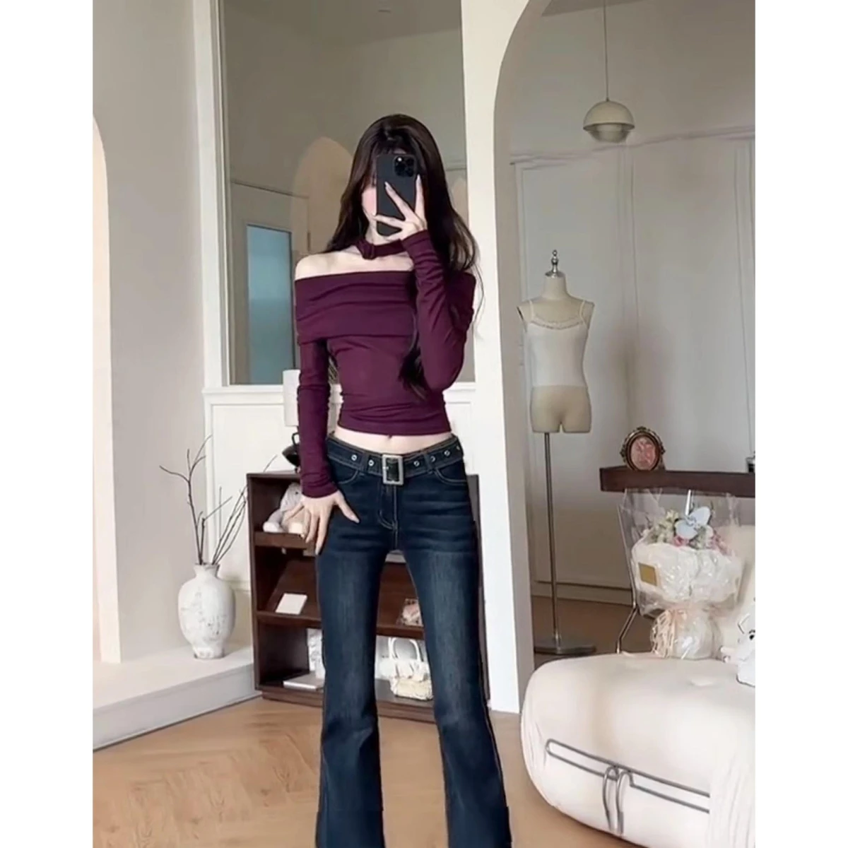 

Женские джинсы-клеш Thiened Fce с низкой талией, в американском ретро-стиле, глубокого синего цвета, облегающие, повседневные, из хлопка